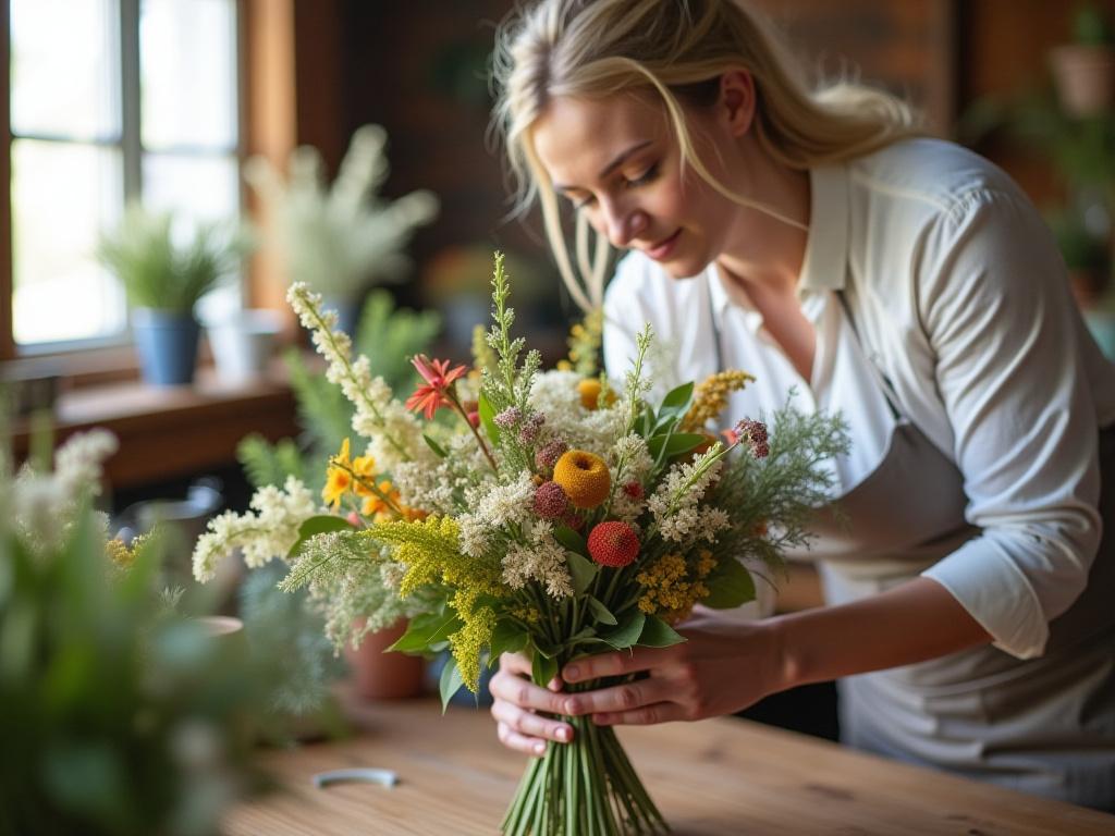A florist at Brolga Botanicals carefully arranging a bouquet of native Australian flowers.