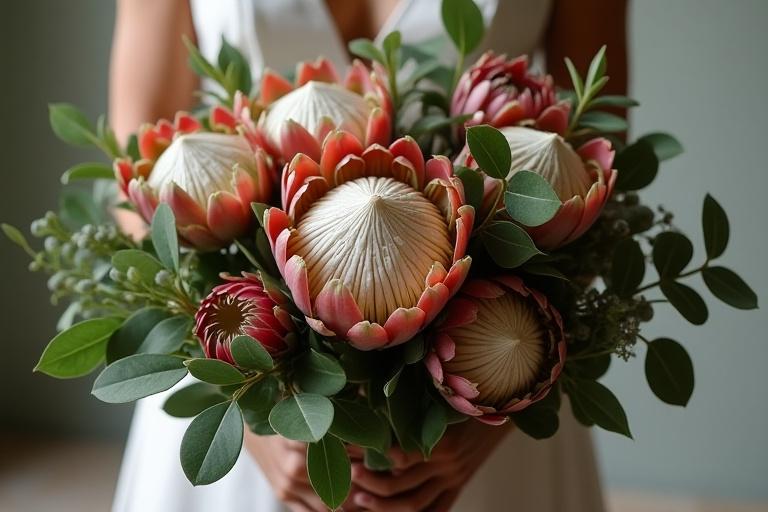 A rustic wedding bouquet featuring proteas and eucalyptus.