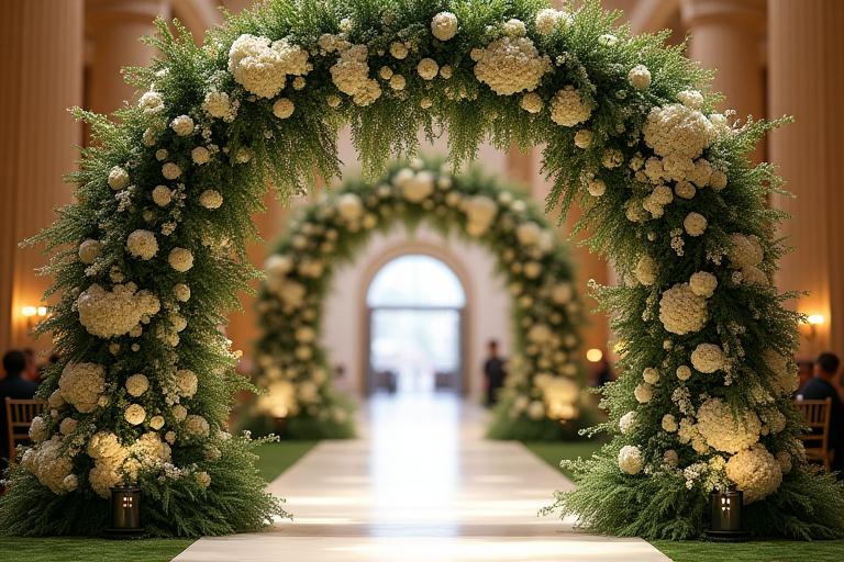 A large, dramatic floral arch installation for a major event.