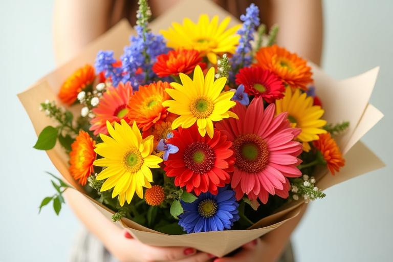 A vibrant and joyful bouquet bursting with colorful seasonal flowers.